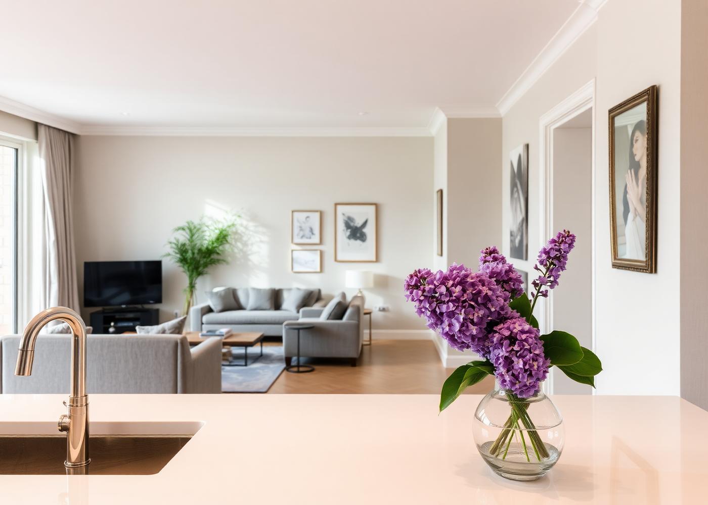 Elegant clean London interior with fresh flowers